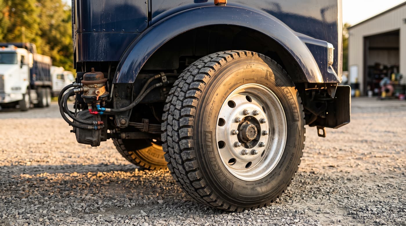 Close view of a semi-truck wheel, brake assembly and air lines during a DOT inspection